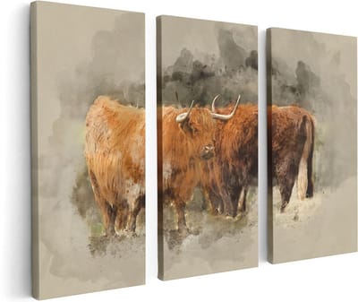 Artaza Canvas Schilderij Drieluik Twee Schotse Hooglander Koeien - Abstract - 120x80 - Foto Op Canvas - Canvas Print