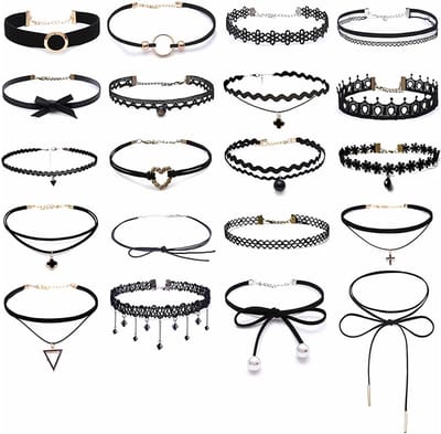 Set van 22 Zwarte Chokers Halskettingen - Fluwelen, Kant en Metallic Stijl voor Vrouwen en Meisjes