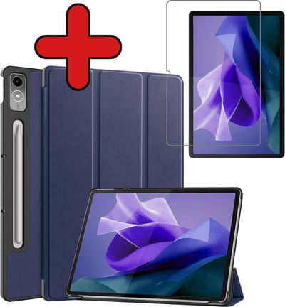 Hoesje - Geschikt voor Lenovo Tab P12 - Met Screenprotector - Trifold Bookcase Hoes - Hard Cover Case - Met Uitsparing Geschikt voor Lenovo Pen - Hardcover Book - Tablethoes - Donkerblauw