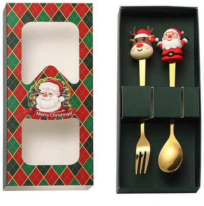 Dailygoods- Bestekset 2 Stuks - Roestvrij Stalen Bestek - Gouden Bestek - Hoogglans Gepolijst - Vaatwasmachinebestendig - Uniek Ontwerp Kerstman/Eland - Servies