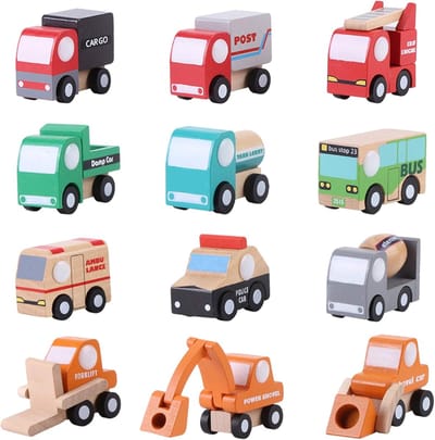 Houten Speelgoedauto's - Babyauto's Voertuigen - Vroeg Leren Spel - Felle Kleuren Veilig - 12 Stuks Set