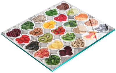 Glazen serveerplank met afbeeldingen van gezonde voeding, 60x52 cm