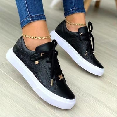 Grote Maat 43 Casual Print Dames Casual Schoenen Vetersluiting Voorkant Comfortabel Ademend Platte Sneakers 43 zwart