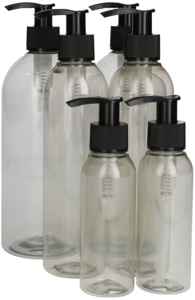 6x Kunststof Transparant Fles met Dispenser Pomp - 100ml, 250ml & 500ml - Plastic Gerecycled PET Flessen, Zeeppompje, Doseerfles, Zeepdispenser