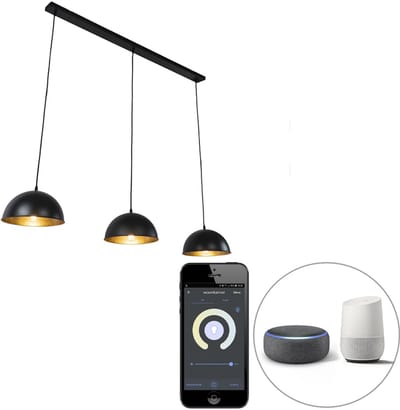 QAZQA magnax - Industriele LED Smart Hanglamp eettafel incl. wifi voor boven de eettafel | in eetkamer - 3 lichts - L 138 cm - Zwart Goud - Industrieel - Woonkamer | Slaapkamer | Keuken