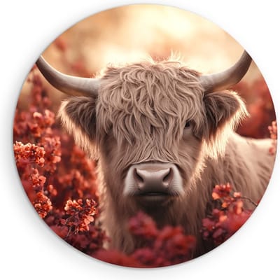 Saammp - Muurcirkel Hout - Schotse Hooglander Koe tussen de rode bloemen - Dieren - Natuur - Ø 90 - Wandcirkel - Wanddecoratie Cirkel - muurdecoratie Woonkamer - Slaapkamer decoratie - Rond Schilderij