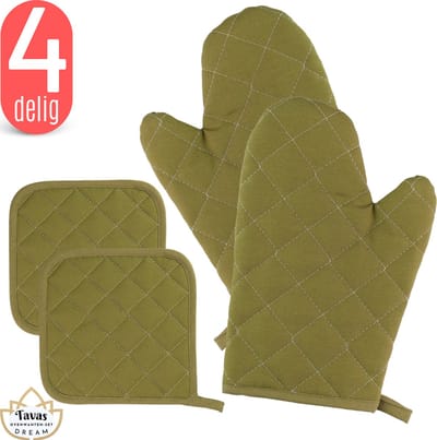 Tavas DREAM Ovenwanten Set Groen Katoen Ovenwanten en Pannenlappen Ovenwanten 2 stuks Hittebestendig Pannenlappen 2 stuks Ovenhandschoenen tot 250Â°C