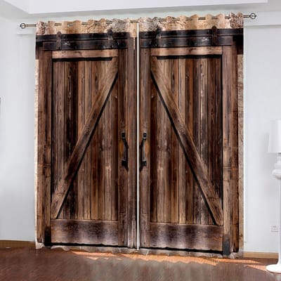 Rustieke Gordijnen Houten Staldeur in Boerderij Afbeelding Ontwerp Landelijke Kunst Architectuur Print Woonkamer Slaapkamer Raam 100W130H(CM)40x51in&Grommet Top