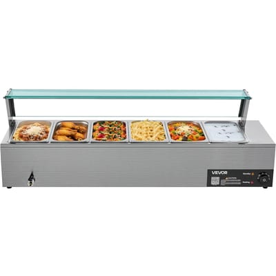 Chauffeur de plat commercial 6 x bacs de taille 1/3 Bain-marie de buffet avec couvercle en verre