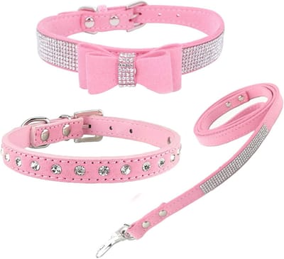 Stijlvolle set hondenhalsband en riemen - zachte suède bling halsband met vlinderdas voor kleine honden en katten - roze - XXS