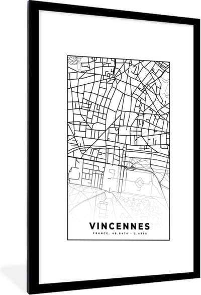 Fotolijst incl. Poster Zwart Wit- Plattegrond – Kaart – Frankrijk – Vincennes - Stadskaart - Zwart wit - 60x90 cm - Posterlijst