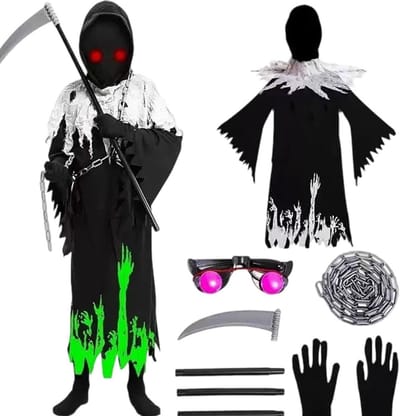 Sensenman Kostuum voor Kinderen - Halloween Outfit voor Jongens en Meisjes van 5-10 Jaar met Schythe, Glanzende Ogen en Tailleketting, Geschikt voor Maten 110-130