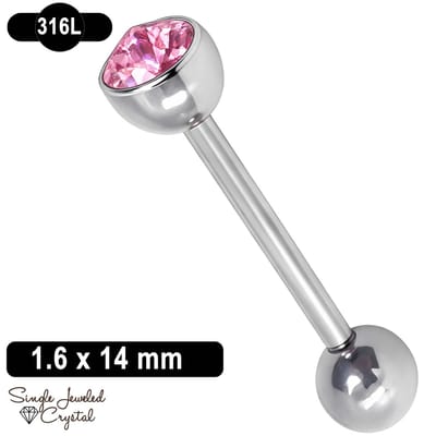 Tongpiercing - 1.6 x 14 mm - 316L Chirurgisch Staal - Barbell - Cone Kristal - Roze