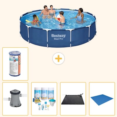 Bestway Rond Steel Pro Zwembad - 396 x 84 cm - Blauw - Inclusief Pomp - Onderhoudspakket - Solar Mat - Grondzeil - Filter - 6-delig