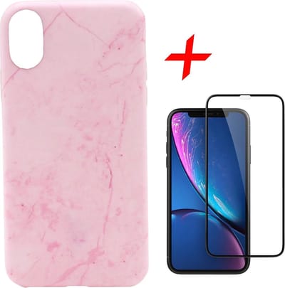 Marmer Hoesje geschikt voor Apple iPhone Xr Siliconen TPU Soft Gel Case Roze + Screenprotector Full-Screen Tempered Glass van iCall