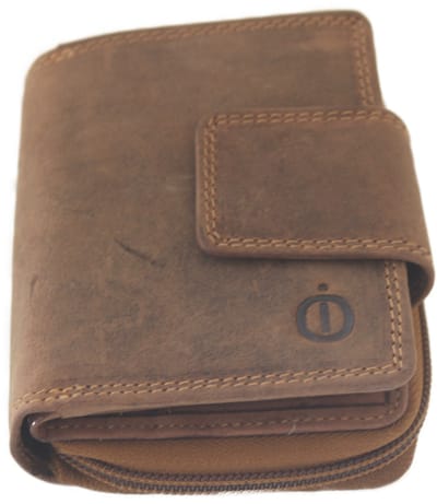 OI Hunter bruine leren rits portemonnee / compacte ritsportemonnee / kleine beurs met rits voor muntgeld / RFID SAFE / bruin leer / 142H