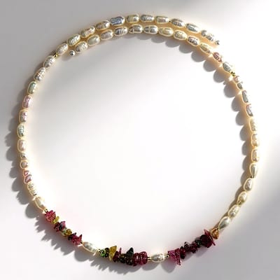 Cavill - Stalen Halsband met 16,04 ct Toermalijn uit Madagaskar - 5,019 ct Gouden Hematiet en Zoetwaterparels - 31,5 cm Elegante Dames Ketting