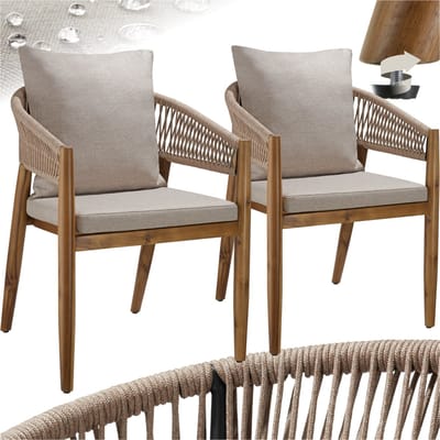 tectake® Set van 2 Tuinstoelen Manacor - Houten Tuinstoel in Rope-Design - Balkonset - Weerbestendige Buitenstoel van Gelakt Acaciahout - Zandkleur - 59 x 58 x 76,5 cm - Stoelen voor Tuin, Balkon, Terras