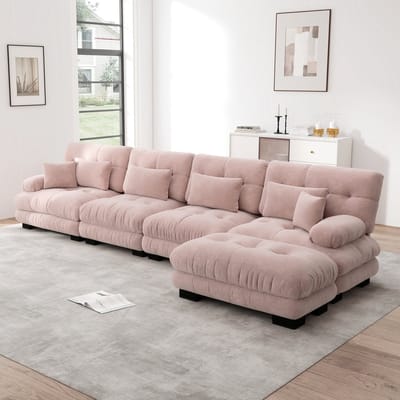 Wishdor - Modulaire Hoekbank - Verplaatsbare Ottomans - Diepe Zitting - Woonkamer - Vintage Chenille - Roze