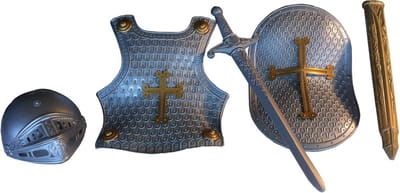 Accessoireset ridder 4-delig zilver (helm, borstschild, zwaard, schild)