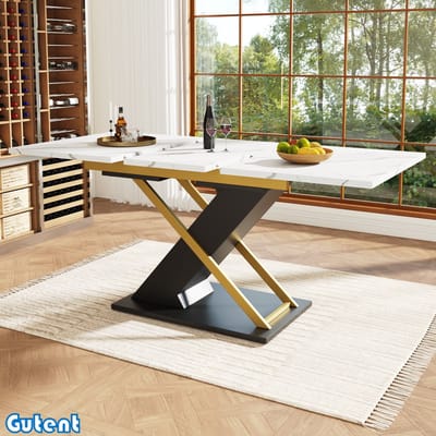 Gutent Uitschuifbare eettafel (160-200 x 60 cm)-Goudzwarte gekruiste poten-Wit tafelblad