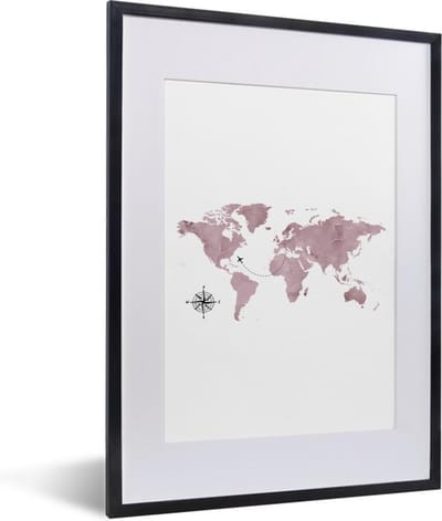 Poster in lijst - Fotolijst 30x40 cm - Posters - Wereldkaart - Roze - Vliegtuig - Posterlijst zwart - Decoratie - Wanddecoratie woonkamer - Muurdecoratie slaapkamer