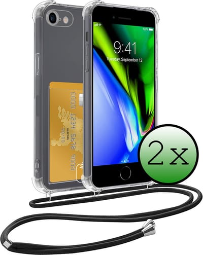 Hoes Geschikt voor iPhone 7 Hoesje Pas Houder Shock Proof Case Hoes Met Koord - Hoesje Geschikt voor iPhone 7 Hoes Met Telefoonkoord Pasjeshouder Cover - Transparant - 2 Stuks