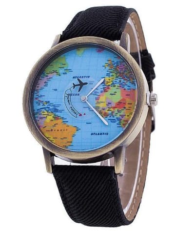 Hidzo Horloge Wereldkaart - Ø 38 mm - Zwart - kunstleer - In Horlogedoosje