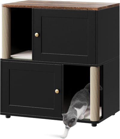Ruimtebesparend dubbel kattenbakmeubel voor 2 katten – verborgen kattenkast met twee compartimenten, ingebouwde krabpalen, dubbele kattenbakmatten en opvangmatten, binnengebruik kattenhok