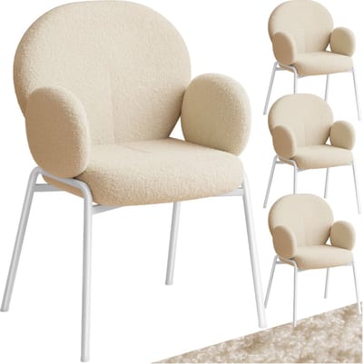 tectake® Eetkamerstoelen met Armleuning - Set van 4 - Scandi Stoel - Eetkamerstoel - Stoelen voor Eetkamer en Eettafel - Keukenstoelen - Bekleding van Bouclé Teddystof - Klassiek - Crème