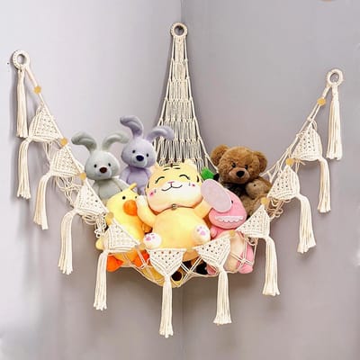 Zachte Speelgoed Hangmat voor Knuffeldieren - Ruimtebesparende Opbergoplossing voor Kinderkamers en Slaapkamers, Macrame Boho Stijl