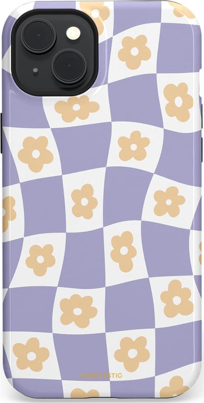 Casetastic hoesje geschikt voor Apple iPhone 15 Plus - MagSafe - Dubbellaagse bescherming - Kronkelende madeliefjes - Fashion Case - Lila Wit Zand Lichtgrijs