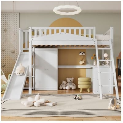 Lit superposé - MUVOE - 90x200 cm - Blanc - Avec table et armoire - Sécurisé EN747 blanc