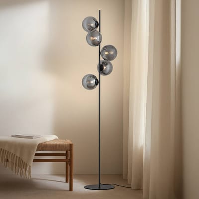 Lindby - vloerlamp - 5lichts - Metaal, glas - H: 160 cm - G9 - zwart, rookgrijs