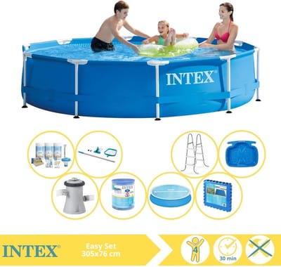 Intex Rond Frame Zwembad - 305 x 76 cm - Blauw - Inclusief Solarzeil - Onderhoudspakket - Zwembadfilterpomp - Filter - Schoonmaakset - Ladder - Voetenbad - Vloertegels - 9-delig