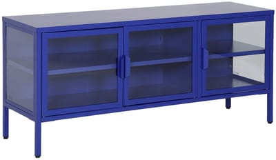 sweeek - Tv-meubel vitrine gehard glas en staal 3 deuren 6 vakken industrieel 120cm - arkansas