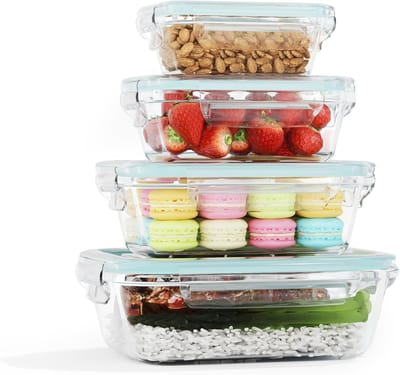 Famanu - Glazen container met deksel, 4-delig, borosilicaatglas, luchtdicht en lekvrij, voorraaddozen voor koelkast, vriezer en magnetron, 1040 ml, 640 ml, 370 ml, 180 ml