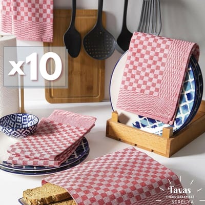 Theedoekenset Rood Glazendoeken 50x70 cm - Set van 10 - Geblokt - Blokdoeken - Horeca 80% katoen 20% Polyester Theedoeken horeca