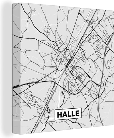 Canvas Schilderij Zwart Wit – België – Plattegrond – Stadskaart – Kaart – Halle - 20x20 cm - Wanddecoratie