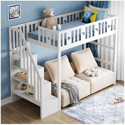 Merax Kinderhoogslaper - 90 x 200 - met opbergruimte in de trap + veiligheidshekje - hout + MDF - wit