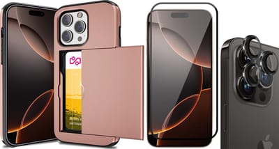 Hoesje met Pasjeshouder geschikt voor iPhone 16 Pro - Screenprotector FullGuard & Camera Lens Screen Protector Zwart - Back Cover SlideCase Roségoud