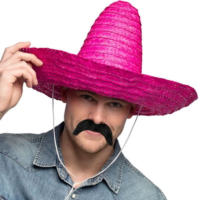 Smiffys Mexicaan Carnaval verkleed set - Grote sombrero hoed roze - Dia 49 cm - met plaksnor - heren
