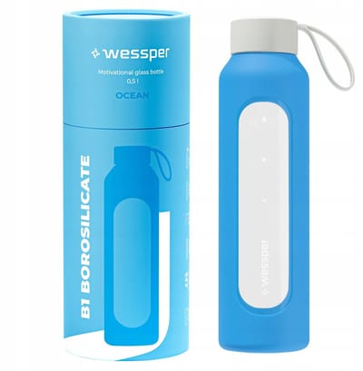 Glazen Motivatiefles 500ml – Duurzame Waterfles in OCEAN BLUE