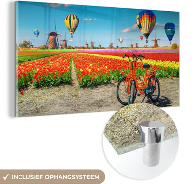 MuchoWow® Glasschilderij 40x20 cm - Schilderij acrylglas - Luchtballon - Oranje - Tulpen - Foto op glas - Schilderijen