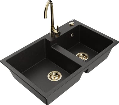 Mexen Tomas granieten gootsteen 2-kamer met keukenkraan Telma, zwart/gouden metallic - 6516-75-670200-50