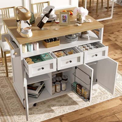 MEUNIQ keukeninsel 118 x 43 x 98 cm met uitklapbaar werkblad, 3 lades, 2 deuren, wielen en handdoekhouder, keukenwagen met opbergruimte, wit