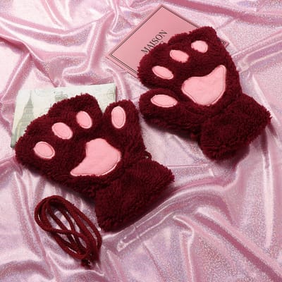 KIMU® Dierenpoot Vingerloze Handschoenen Donkerrood Pluche - Vingerloos Pootjes - Kattenpootjes Hondenpootjes Berenpootjes Dierenpootjes Festival