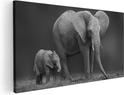 Artaza Canvas Schilderij Olifant - 40x20 cm - Klein - Wanddecoratie Dieren - Muurdecoratie Olifant Met Baby - Schilderijen Op Canvas Zwart Wit