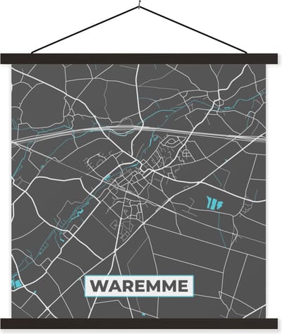 Posterhanger incl. Poster 60x60 cm - Schoolplaat - Stadskaart – Grijs - Kaart – Waremme – België – Plattegrond - Textielposter - Zwarte latten - Stadskaart