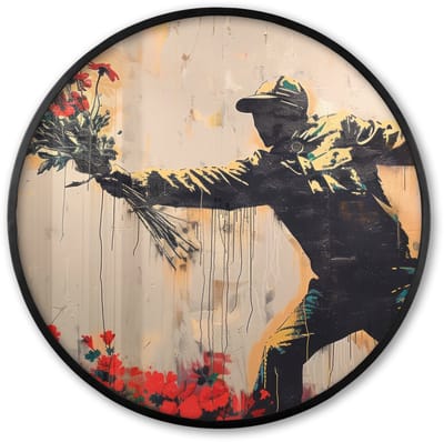 Poster in lijst Rond - Fotolijst 60x60 cm - Posters - Street art - Man - Bloemen - Graffiti - Banksy Style - Ronde posterlijst zwart - Decoratie - Wanddecoratie woonkamer - Muurdecoratie slaapkamer